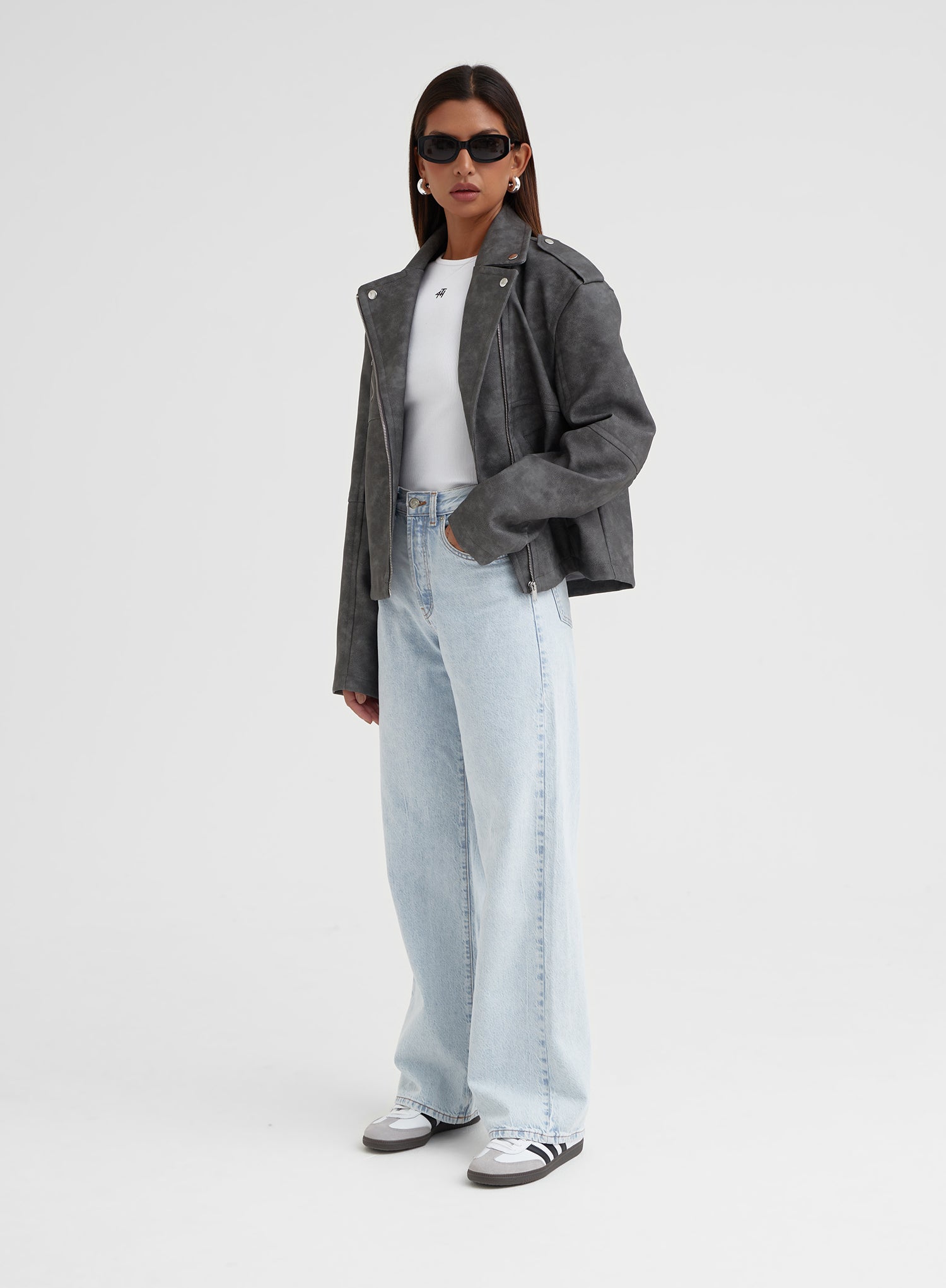 Grey Washed Faux Leather Biker Jacket